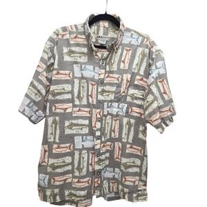 Sportif USA Fish Print Button Up Shirt Men's L 100% Cotton Costal Beach Resort